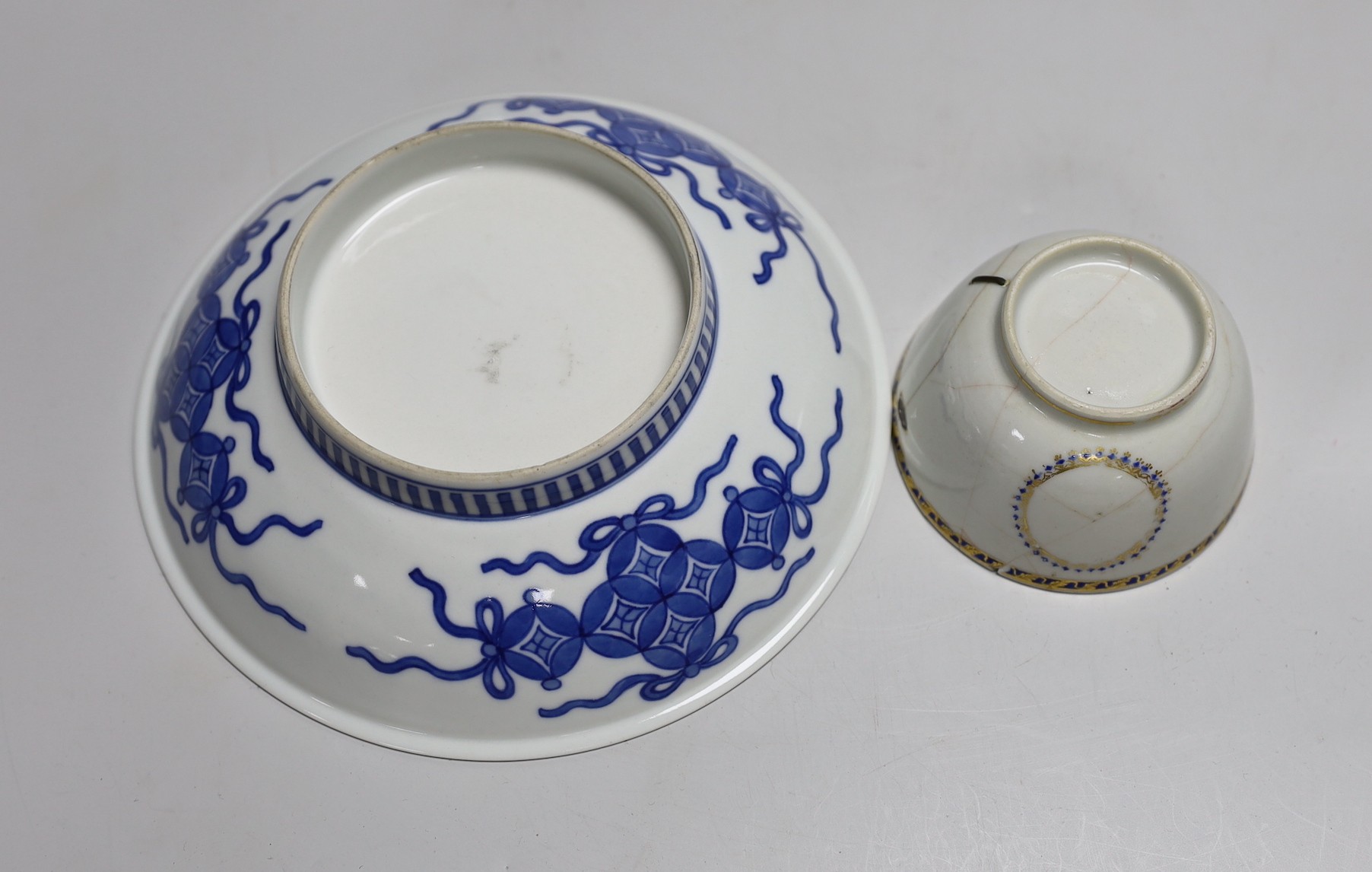 Two Japanese Imari dishes 22cms diameter, a Nabeshima style bowl and a Chinese tea bowl